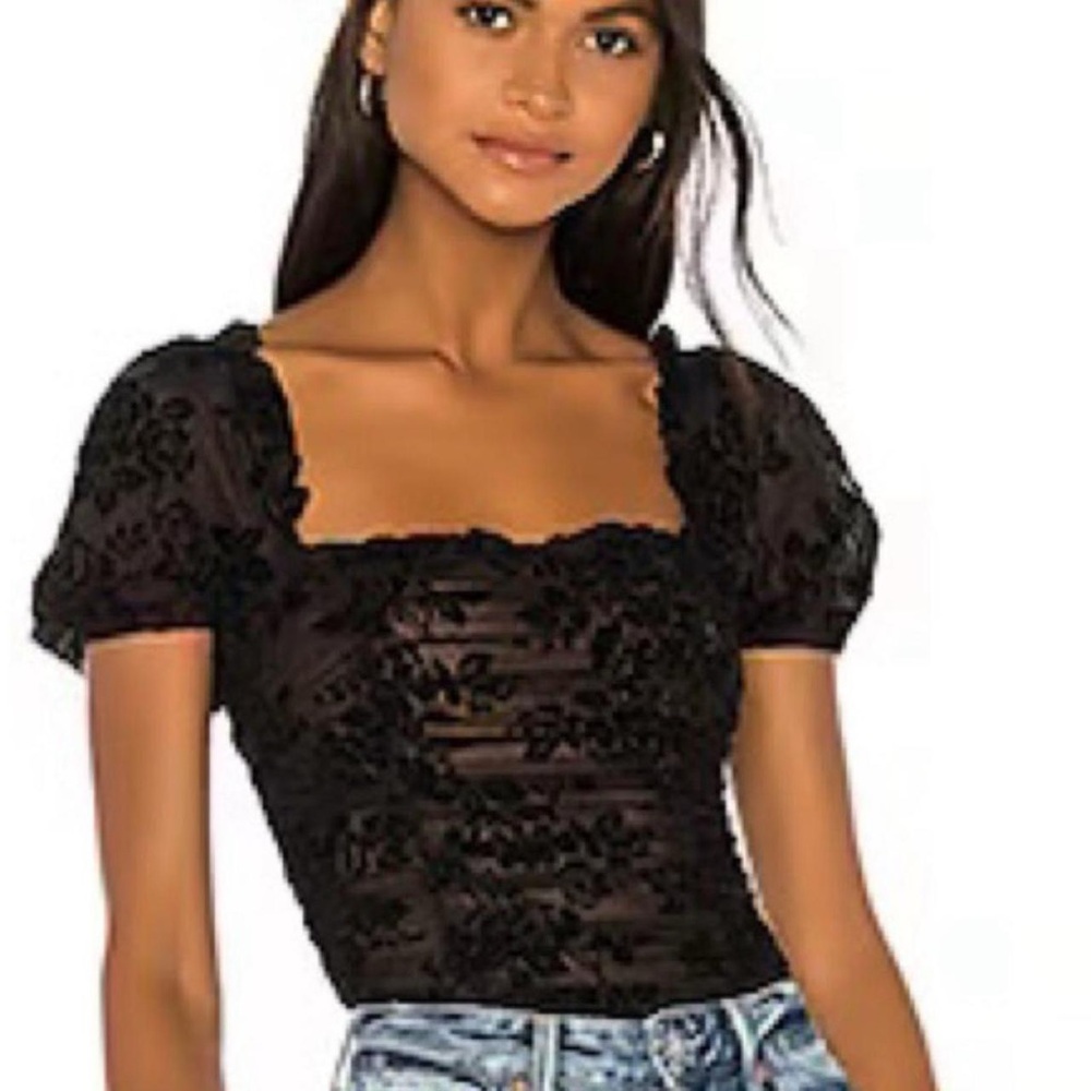 Majorelle Julius revolve black lace short sleeve floral velvet bodysuit top